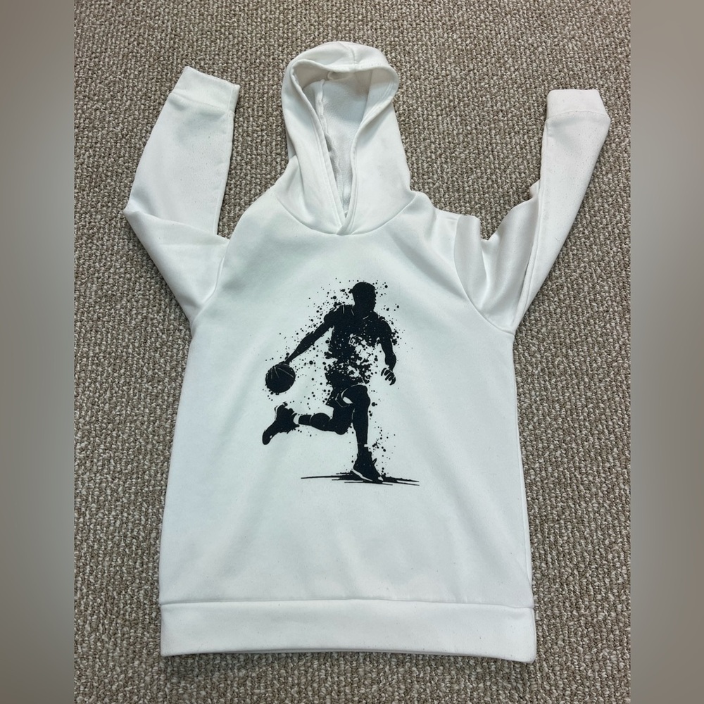 SHEIN White Teen Hoodie with Black basketball figure Detail on front Sz 14Y